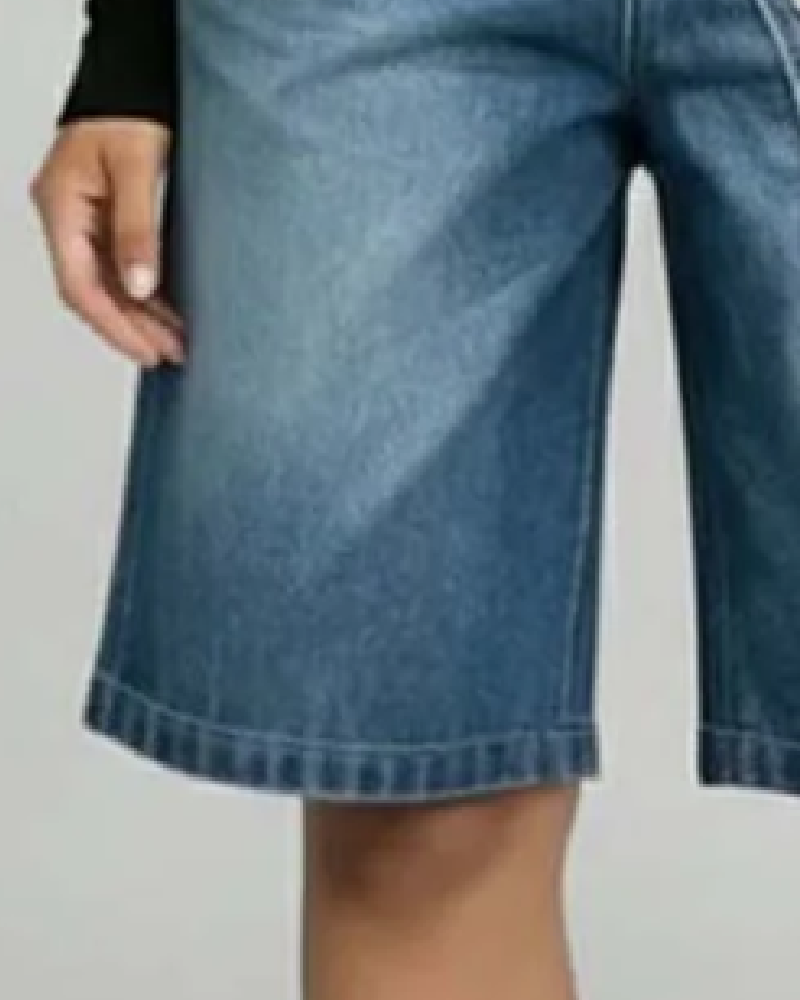 Diagonal Button High-Waisted Denim Shorts