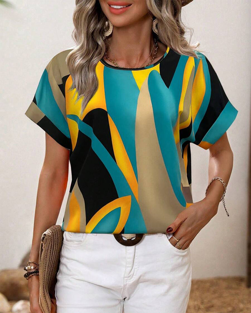 Crew Neck Contrast Print T-Shirt