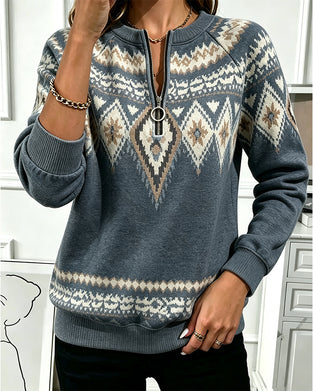 Zipper Printed Long Sleeve Sweatshirt