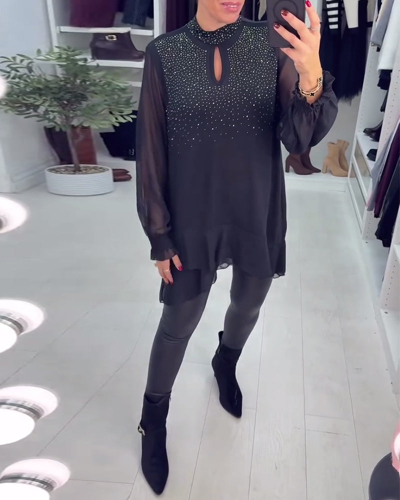 Long-Sleeved Patchwork Rhinestone Blouses