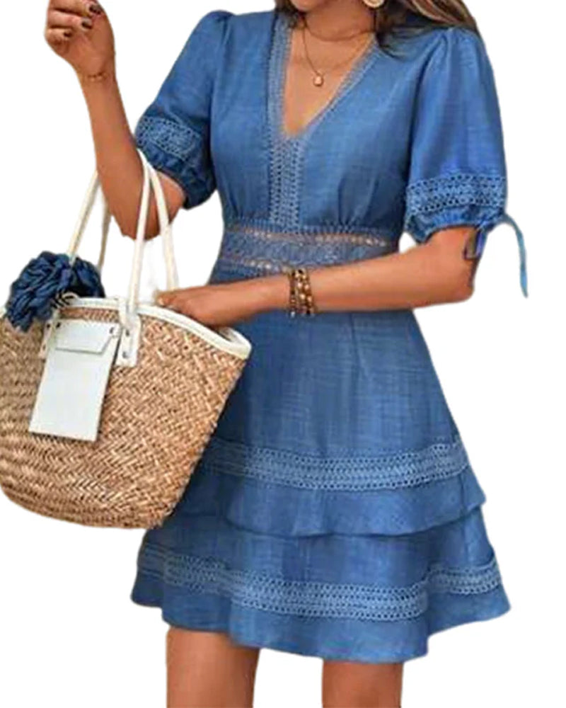 V-Neck Tiered Solid Lace Patchwork Dress