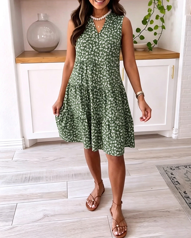V-Neck Sleeveless Floral A-Line Dress