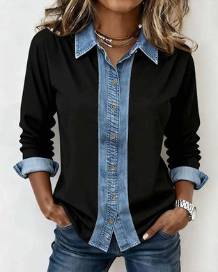 Denim Patchwork Collared Shirt
