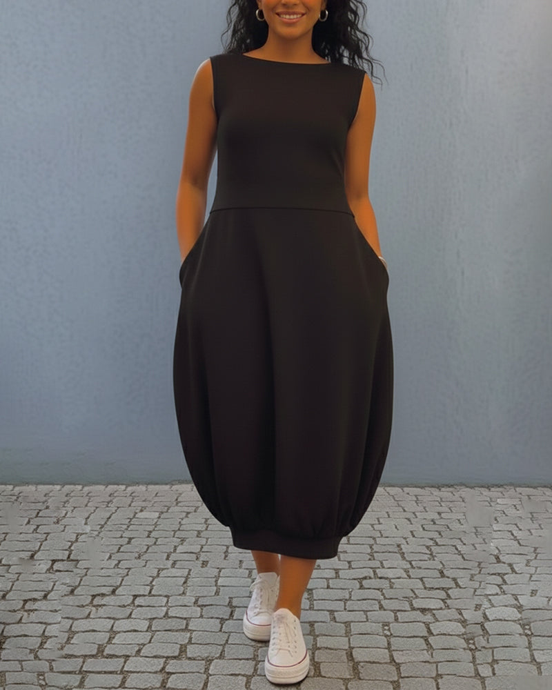 Sleeveless Solid-Color Lantern Dress