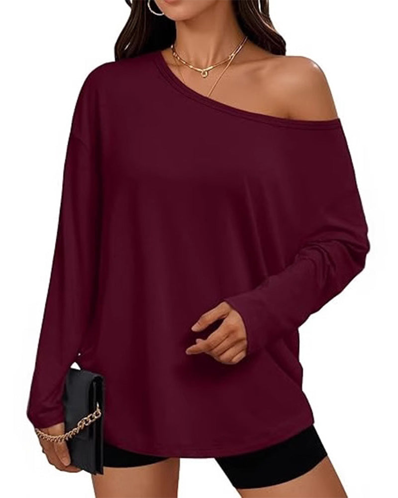One-Shoulder Solid Long Sleeve T-Shirt