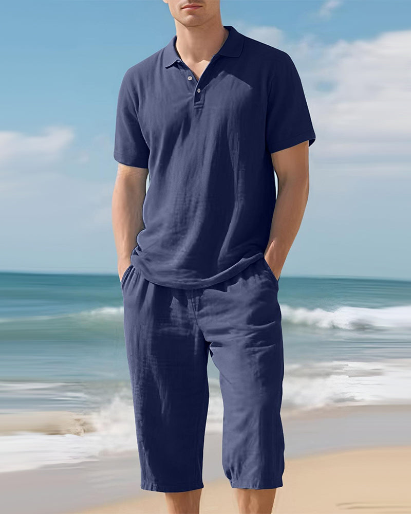 Men's Casual Polo Shirt and Cropped Pants Set