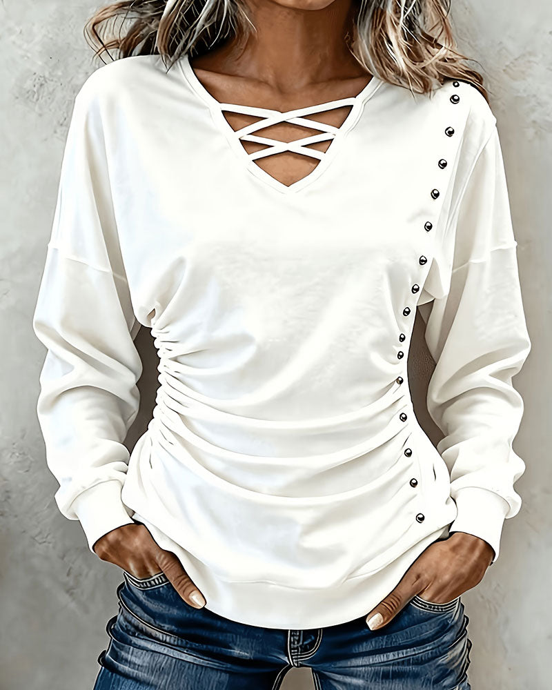 Draped V-Neck Wrap Long-Sleeve Top