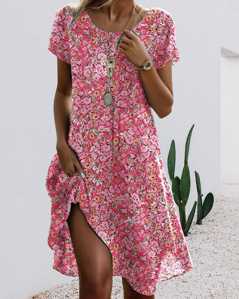 Aumora Round Neck Short Sleeve Floral Print Dress