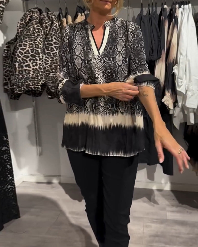 V-neck snake print colorblock blouse – Iktops
