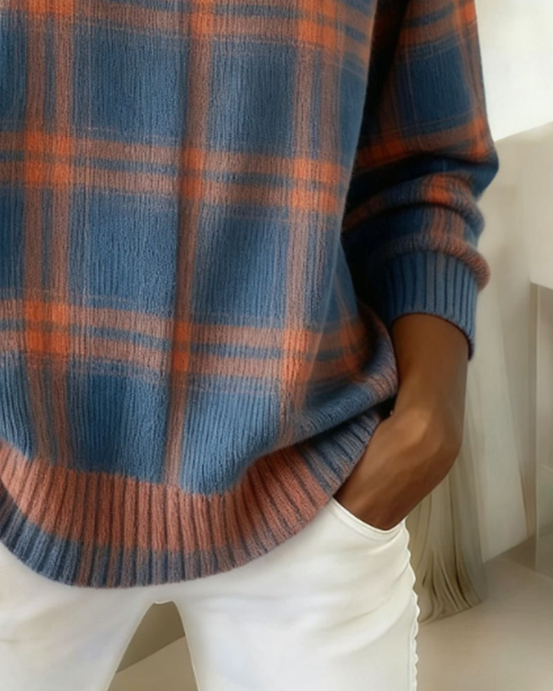 Long Sleeve Plaid Round Neck Sweater