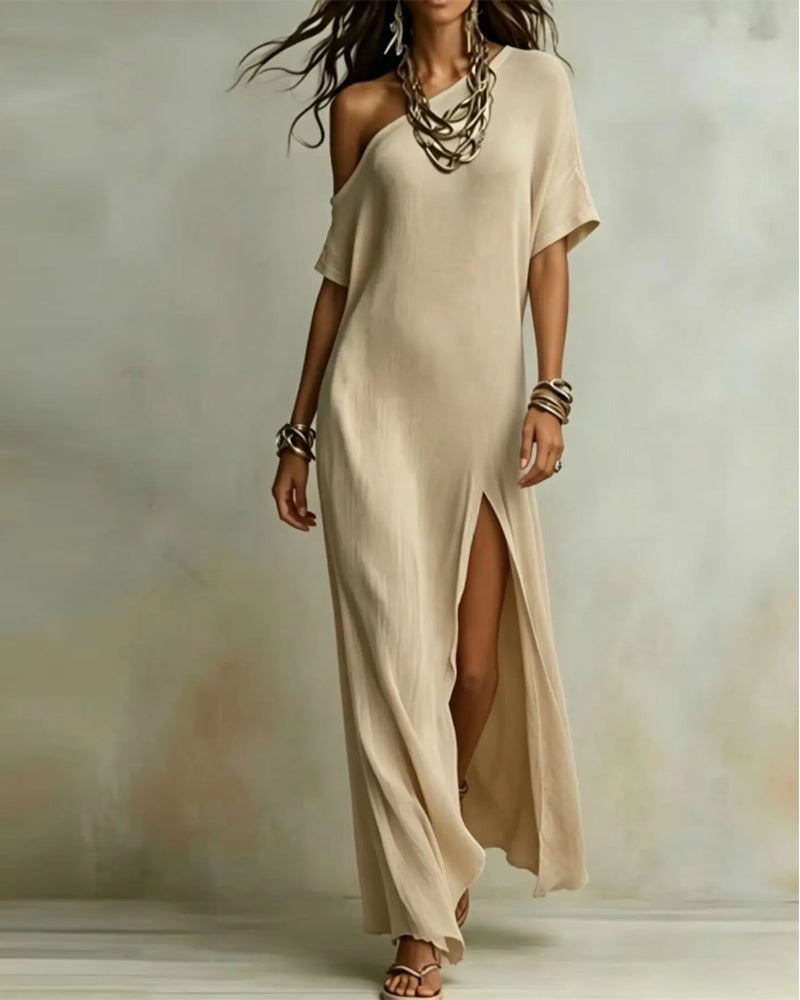 Off-Shoulder Slit Batwing Sleeve Dress