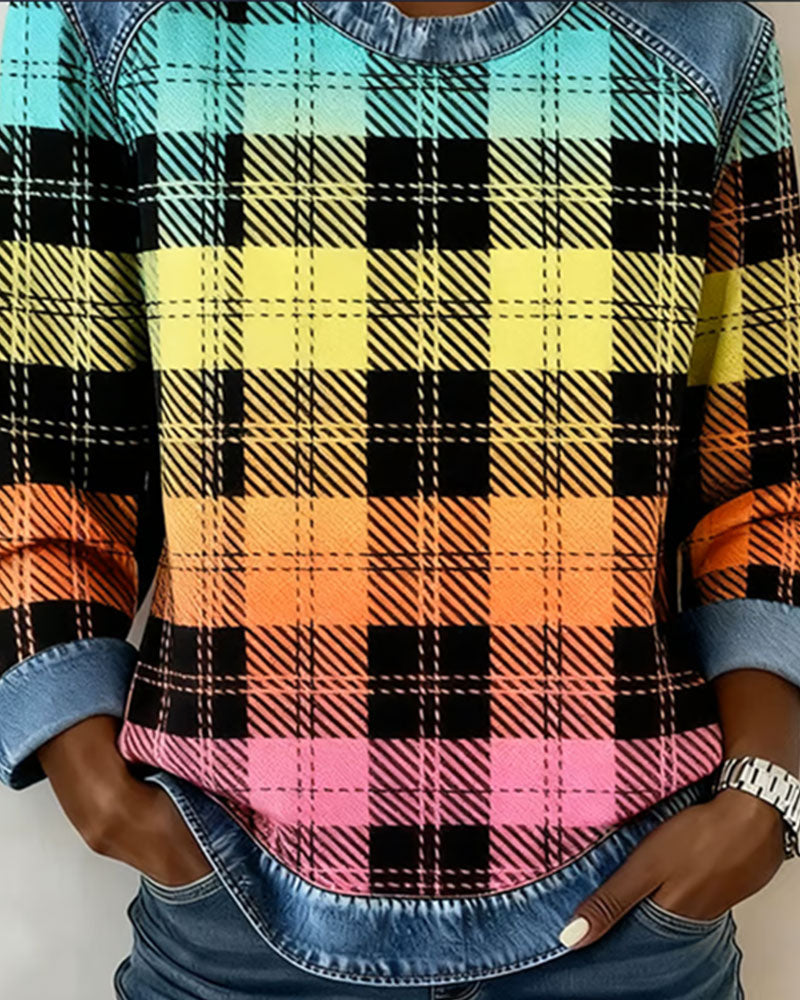 Round Neck Colorful Plaid Sweatshirt