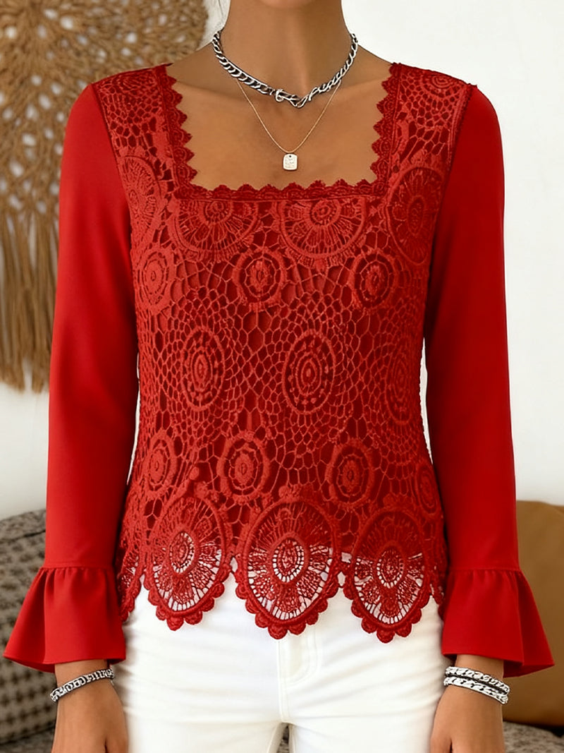 Crocheted Wide-Neck Patchwork Blouse