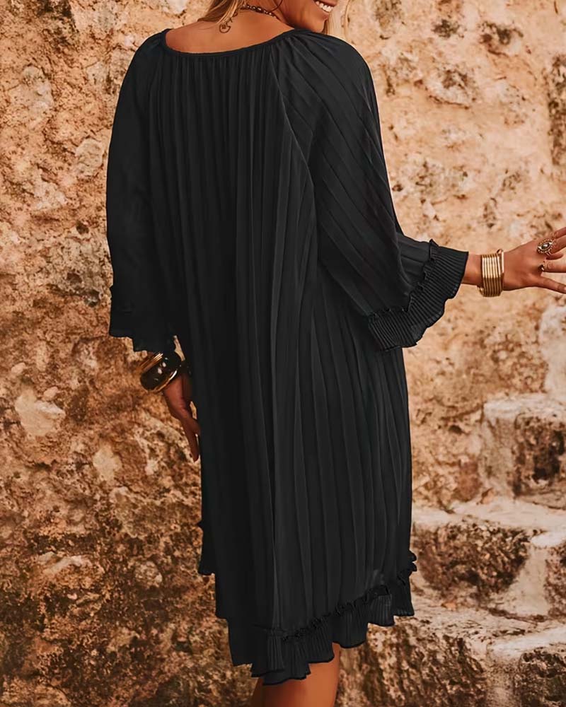 V-Neck Ruffled Three-Quarter Sleeve Dress