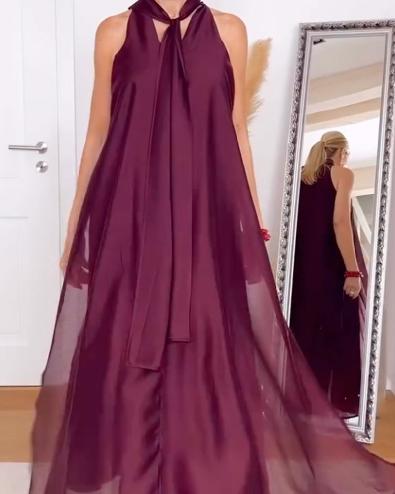 Halter-Neck Maxi Skirt Solid Light Chiffon Dress