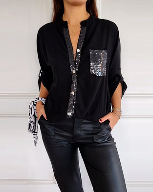 Paneled sequin button casual top