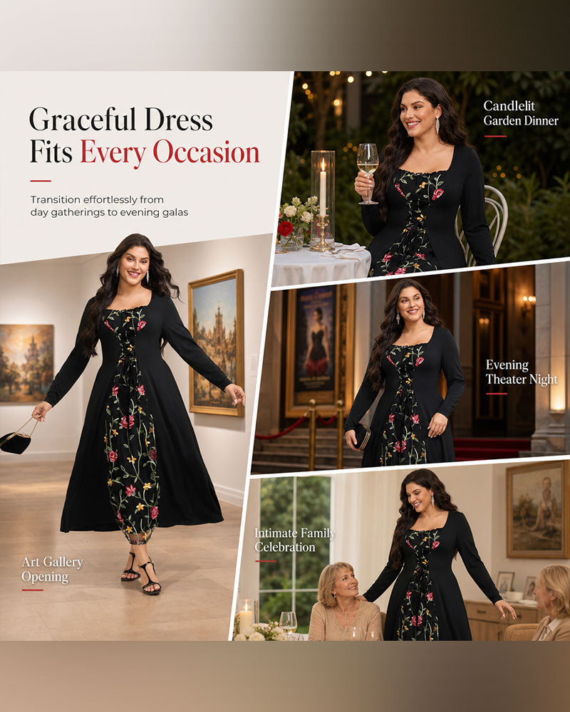 Square Neck Rose Spliced Maxi Dress
