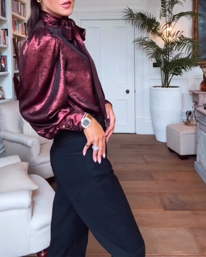 Puff Sleeve Flowing Ribbon Elegant Blouse