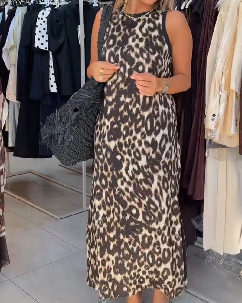 Crewneck Leopard Print Sleeveless Maxi Dress