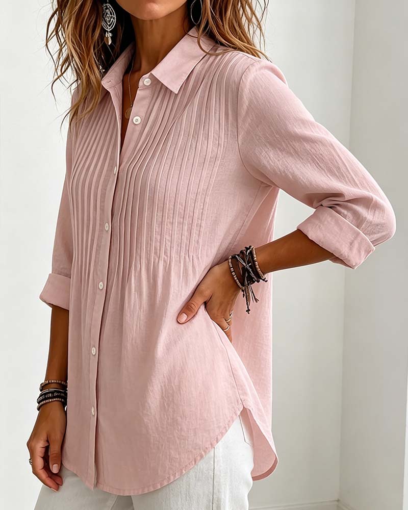 V Neck Shirred Button Long Sleeve Shirt