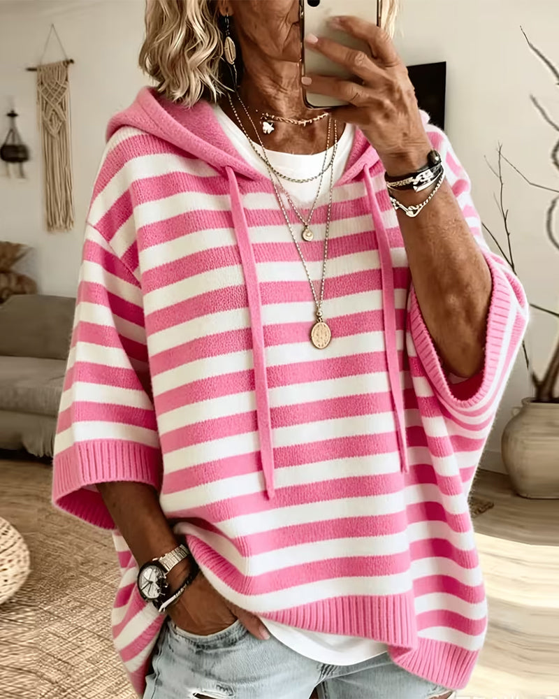 Stripe Hooded Loose Three-Quarter Sleeve Sweater