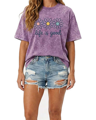 Daisy Print Casual Distressed T-Shirt
