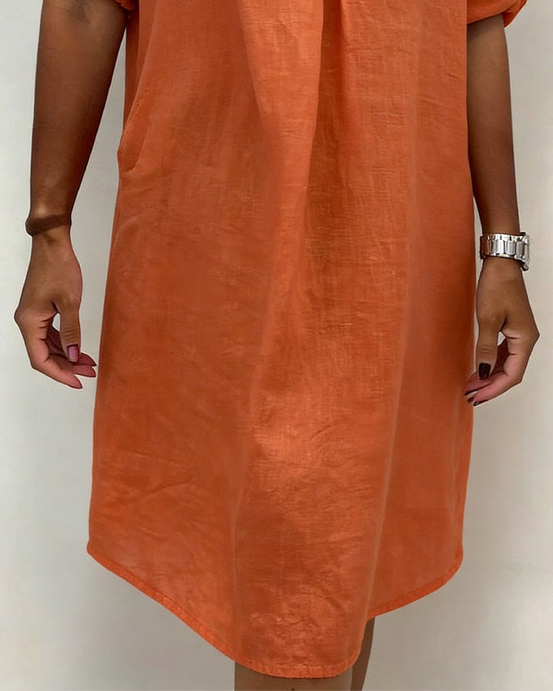 100% Cotton V-Neck Pleated Dress