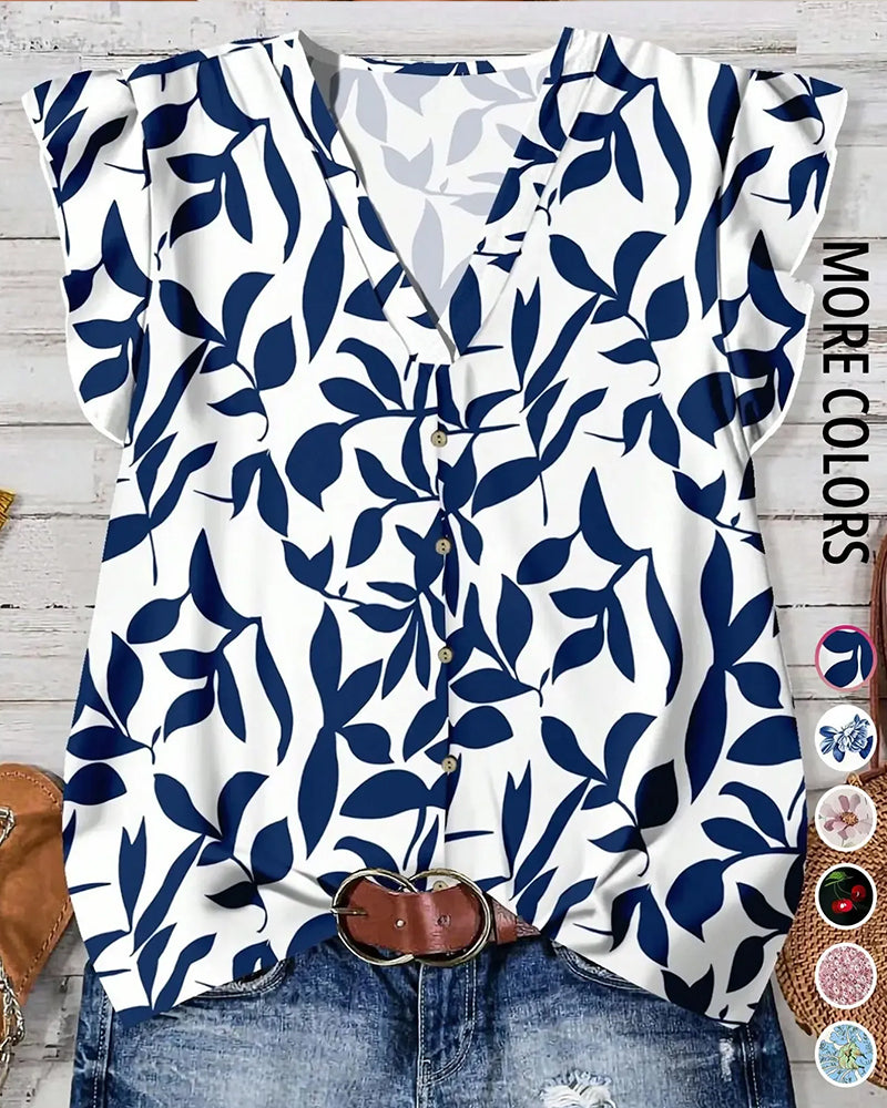 V-Neck Printed Ruffle Sleeves Blouse