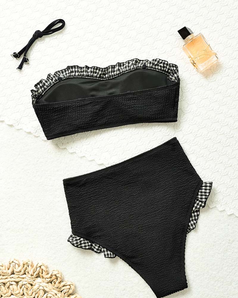 Plaid Ruffle Strapless Bikini