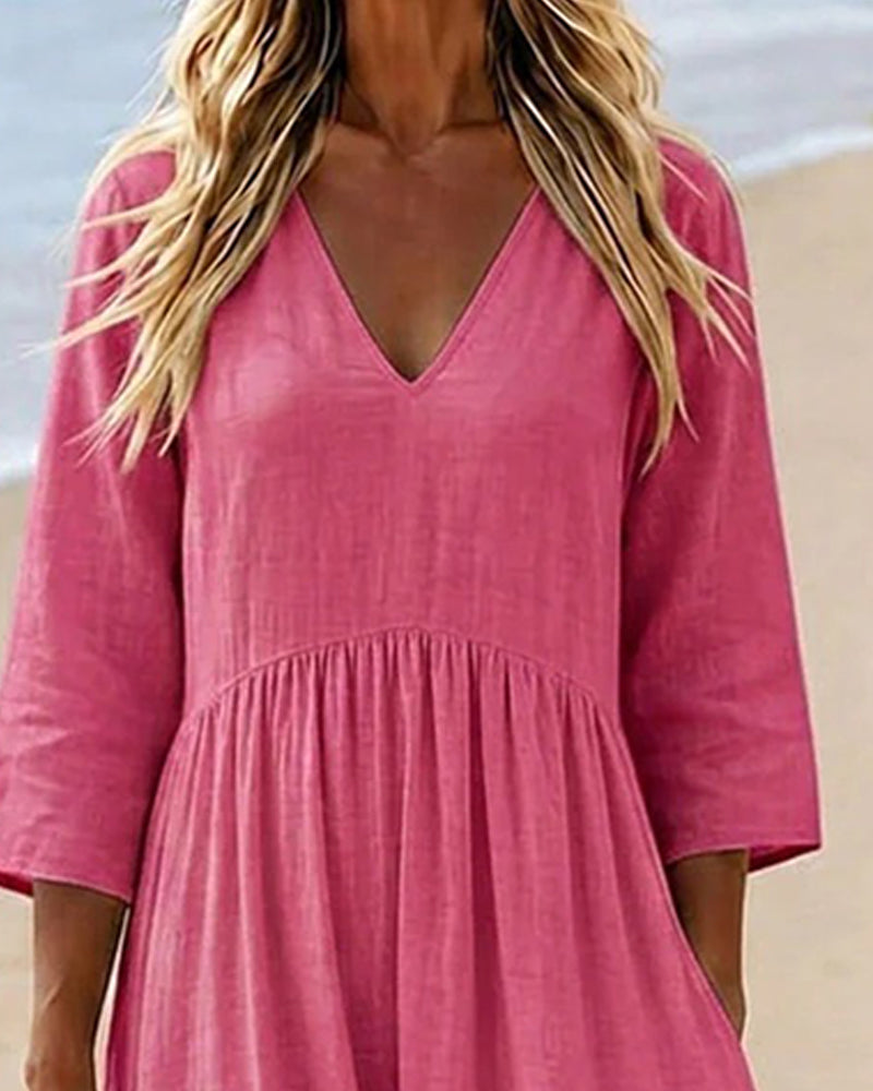 V-Neck 3/4 Sleeve Solid Color Long Dress