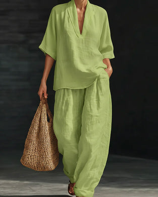 V-Neck Short Sleeve Cotton Linen Set