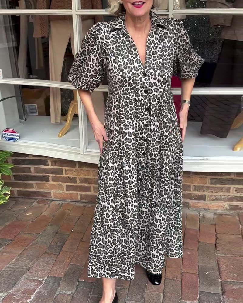 Short-Sleeved Leopard Print A-Line Dress