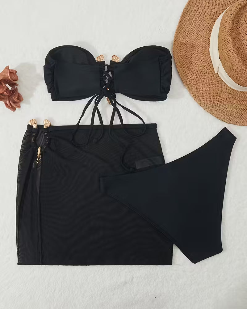 Solid Color Strapless Bikini Three-Piece Set