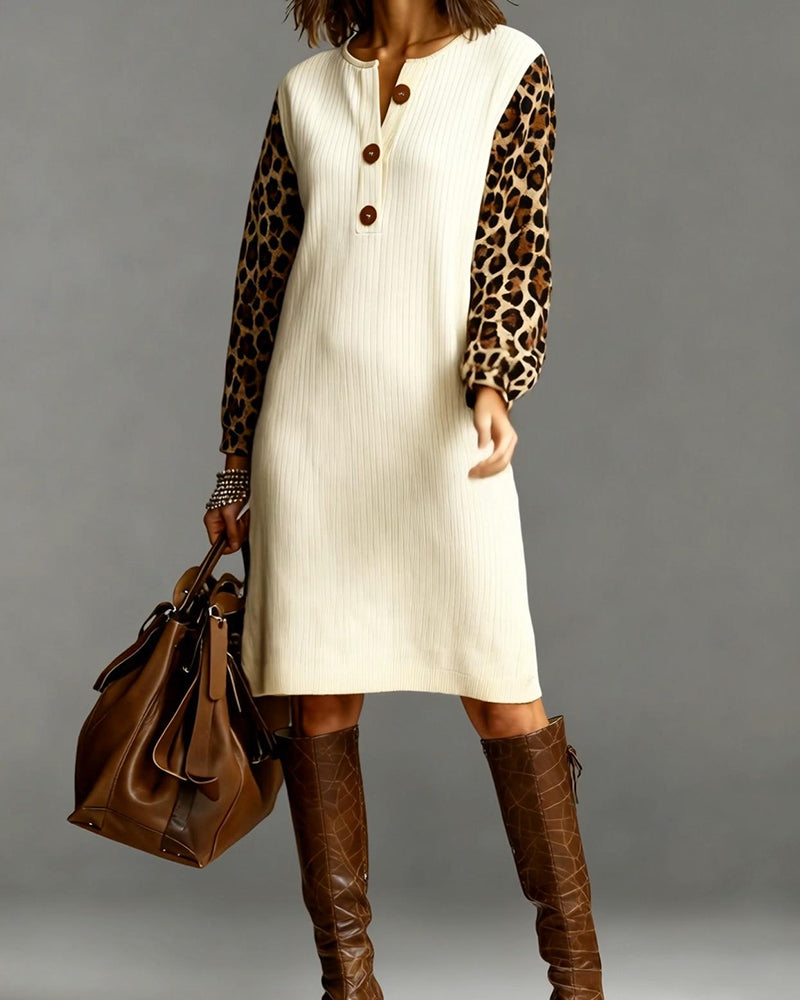 Leopard Print Patchwork Long-Sleeved Dress