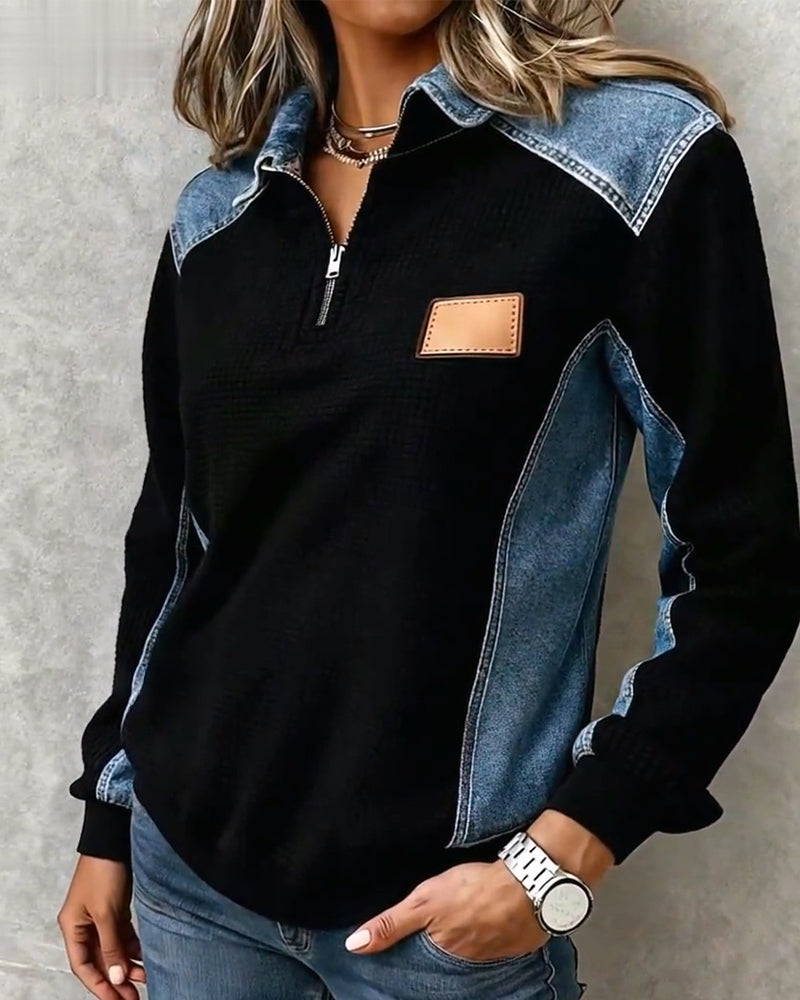 Zipper Denim Patchwork Lapel Top