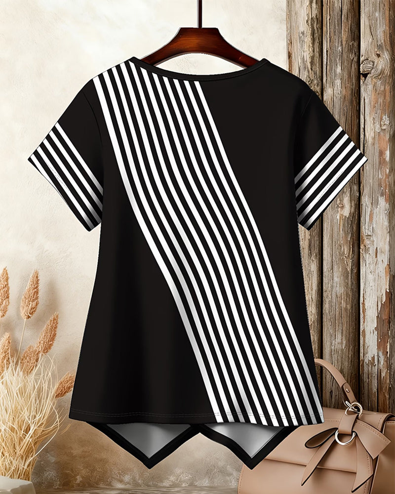 Diagonal Stripe Patchwork Crew Neck T-Shirt