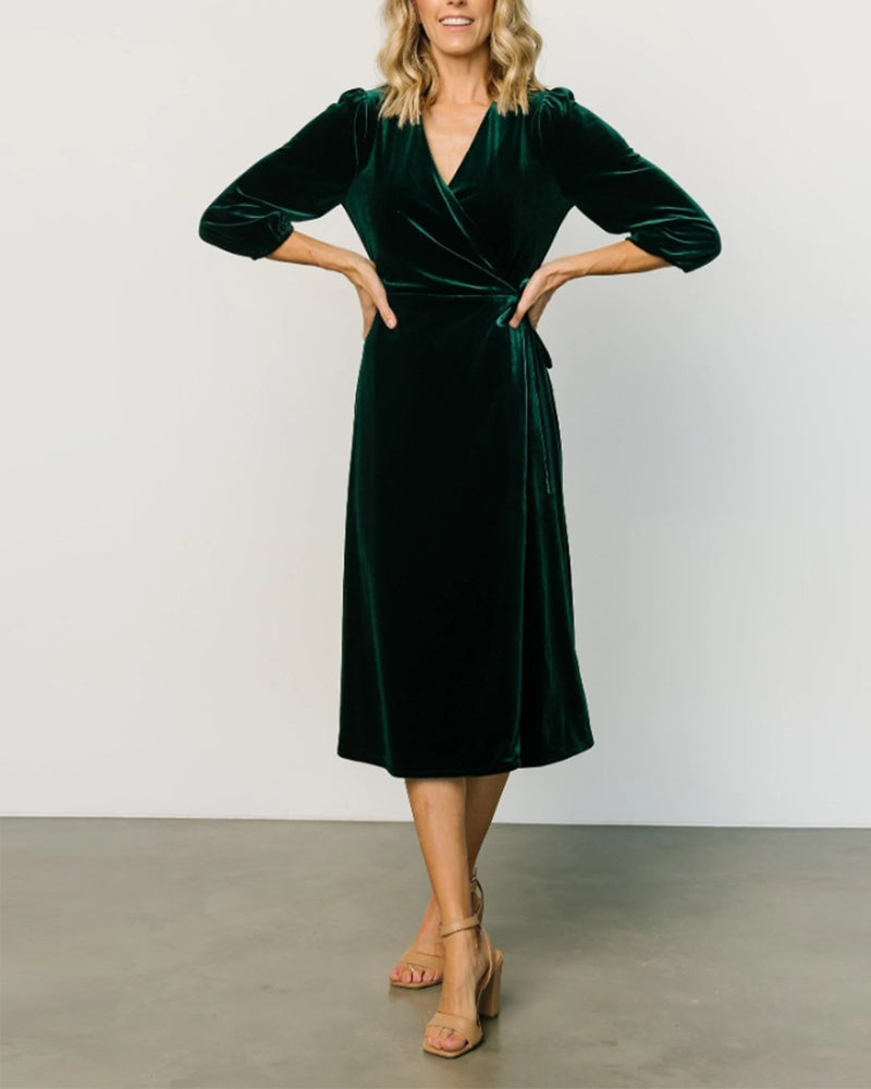 Elegant solid color V-neck lace-up three-quarter sleeve dress