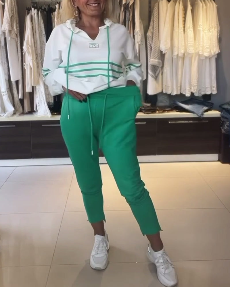 Casual striped print hooded sweatshirt set