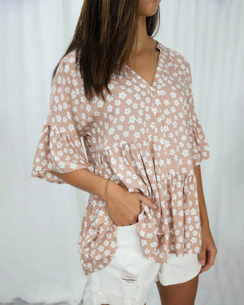 V-neck trumpet sleeves floral blouse