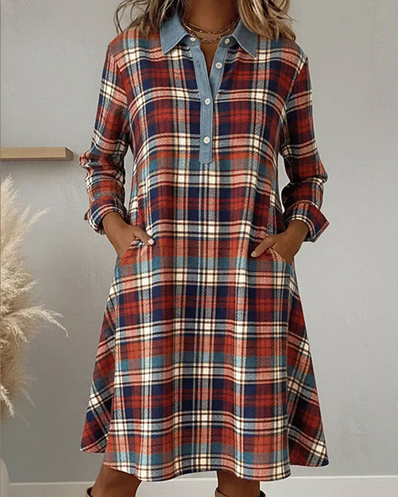 Lapel Collar Button Pocket Plaid Spliced Dress