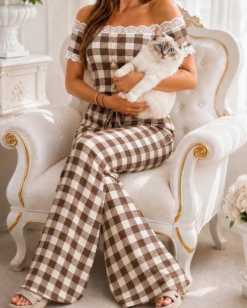 Off-Shoulder Lace Trim Stripe Wide Leg Pants Set