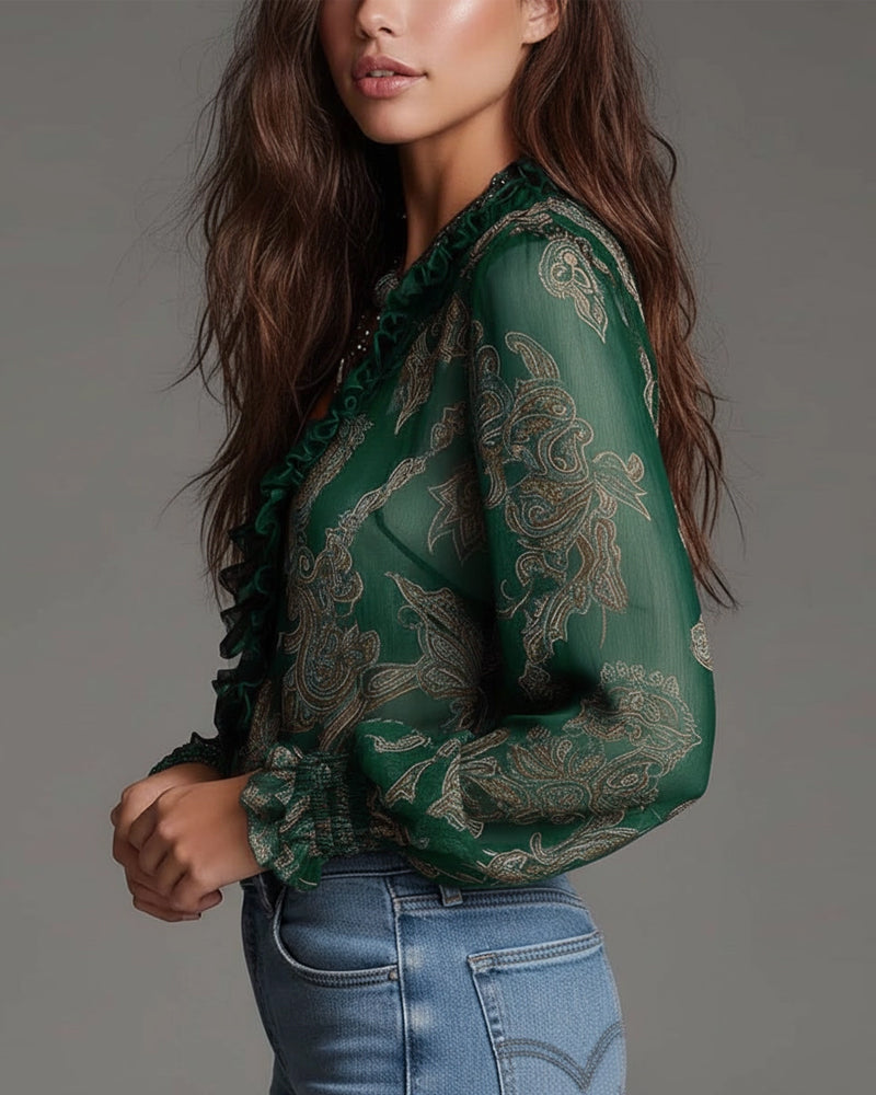 Half-Zip Ruffle Retro Blouse