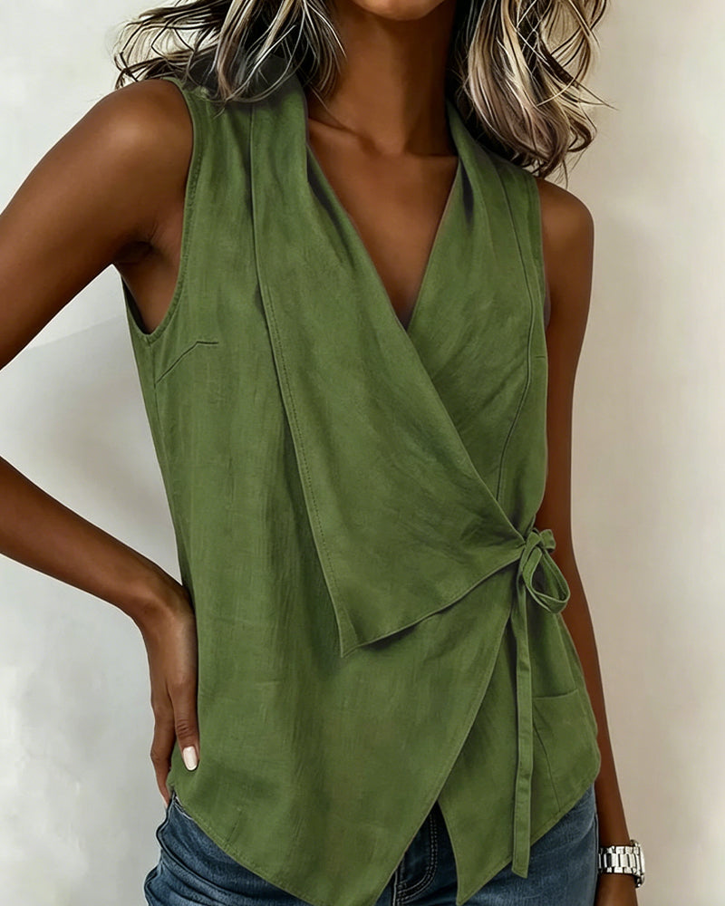 Crisscross Tie Cotton Linen Solid Tank Top
