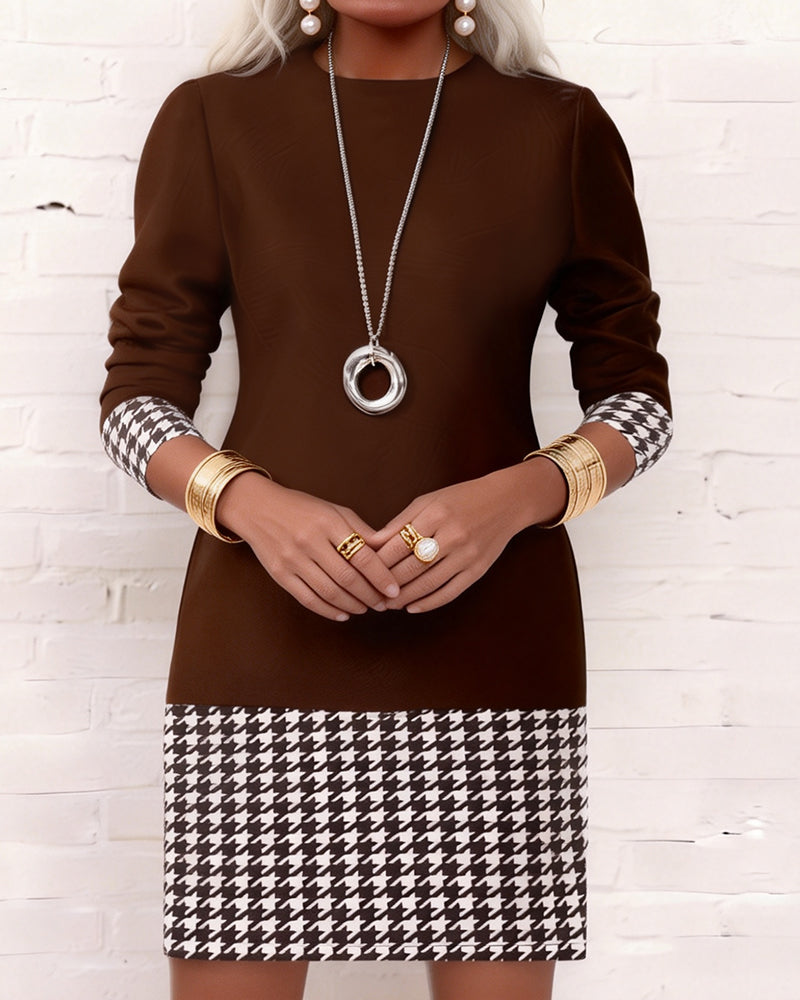 Houndstooth Paneled Long-Sleeved Dress