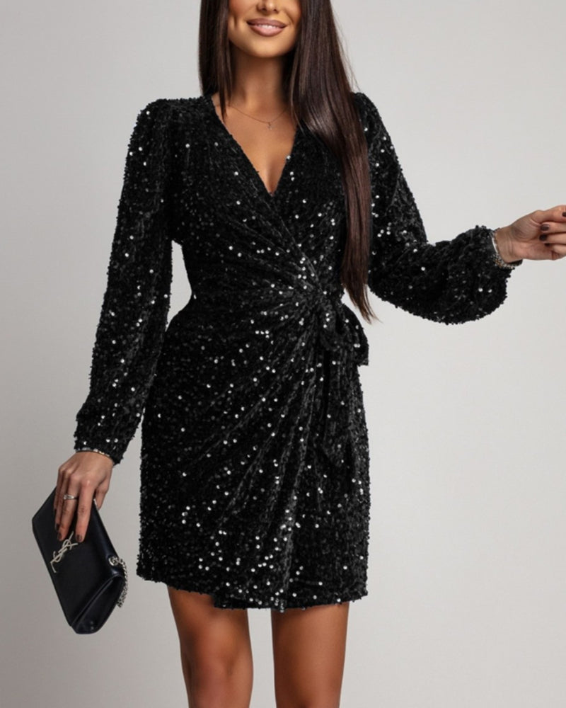 Fashionable Sequined V-Neck Lantern Sleeves Dress
