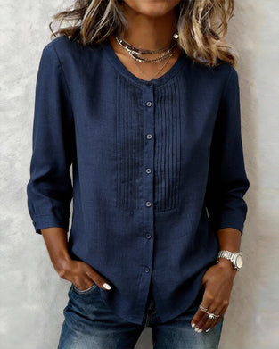 Three-Quarter Sleeve Cotton Linen Button-Down Shirt