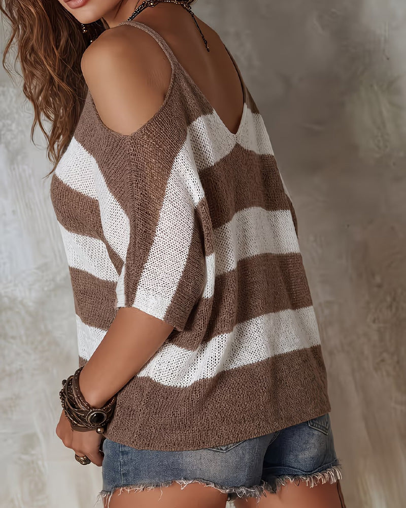 Cold Shoulder U-Neck Striped Pullover