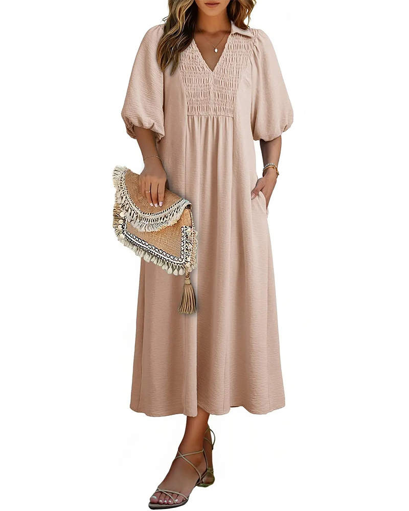 V-Neck Flap Puff Sleeve Maxi Dress