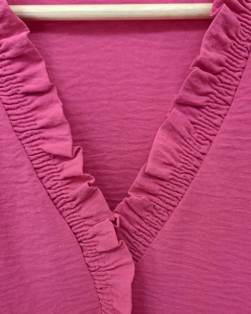 V-Neck Ruffled Short Sleeve Blouse
