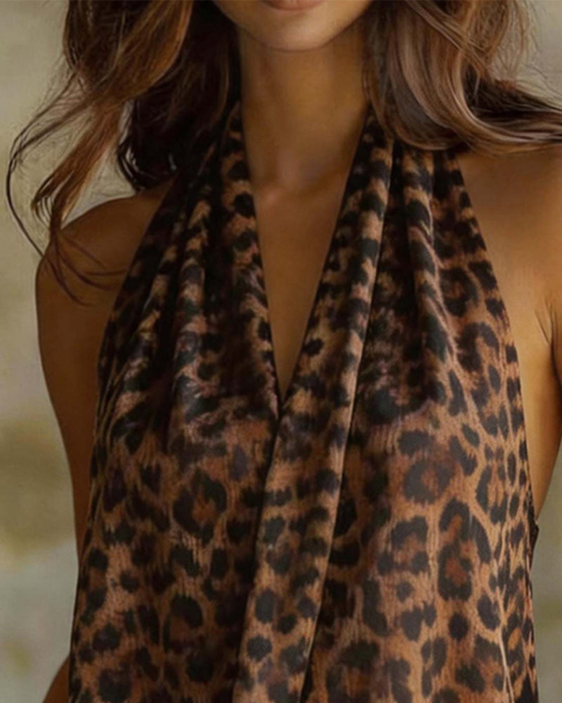 Bluse V-Hals Halter Leopard Ermeløs